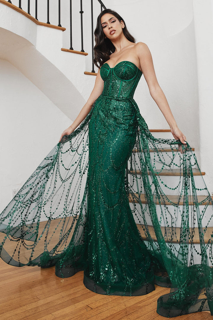 Glitter Fitted Strapless Overskirt Gown by Ladivine CB095 - Outlet