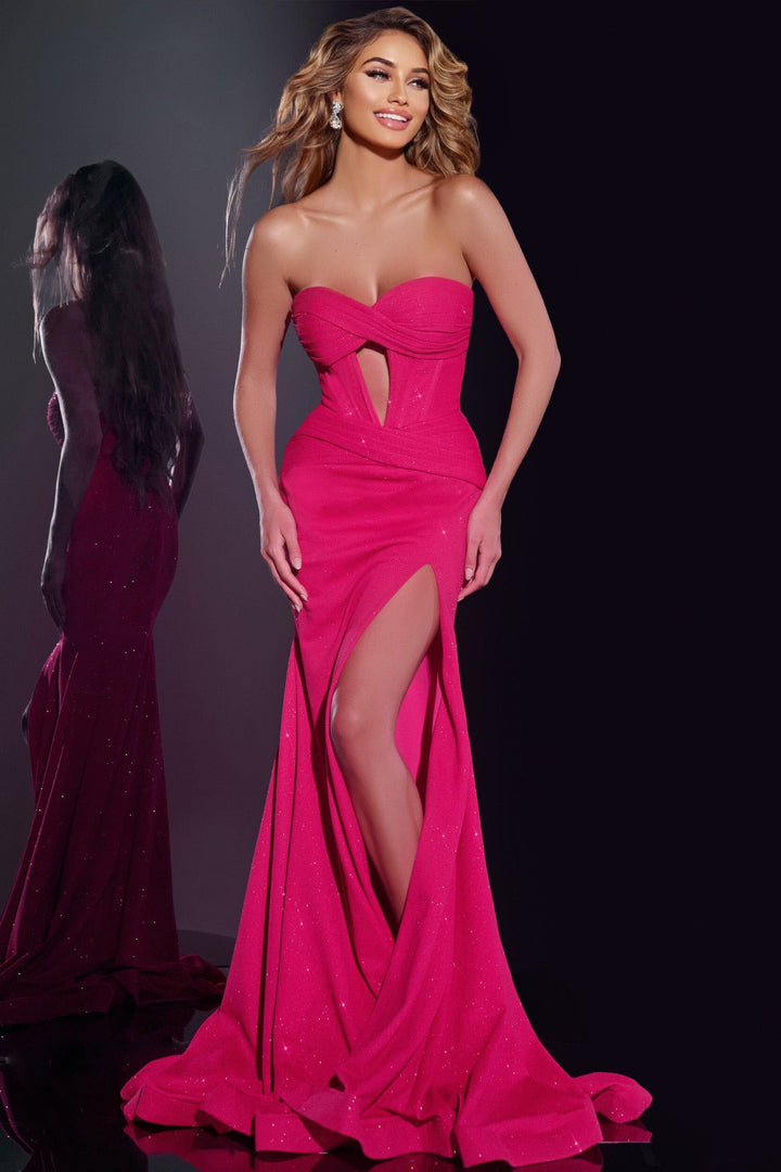 Glitter Fitted Strapless Slit Gown by Jovani 43065