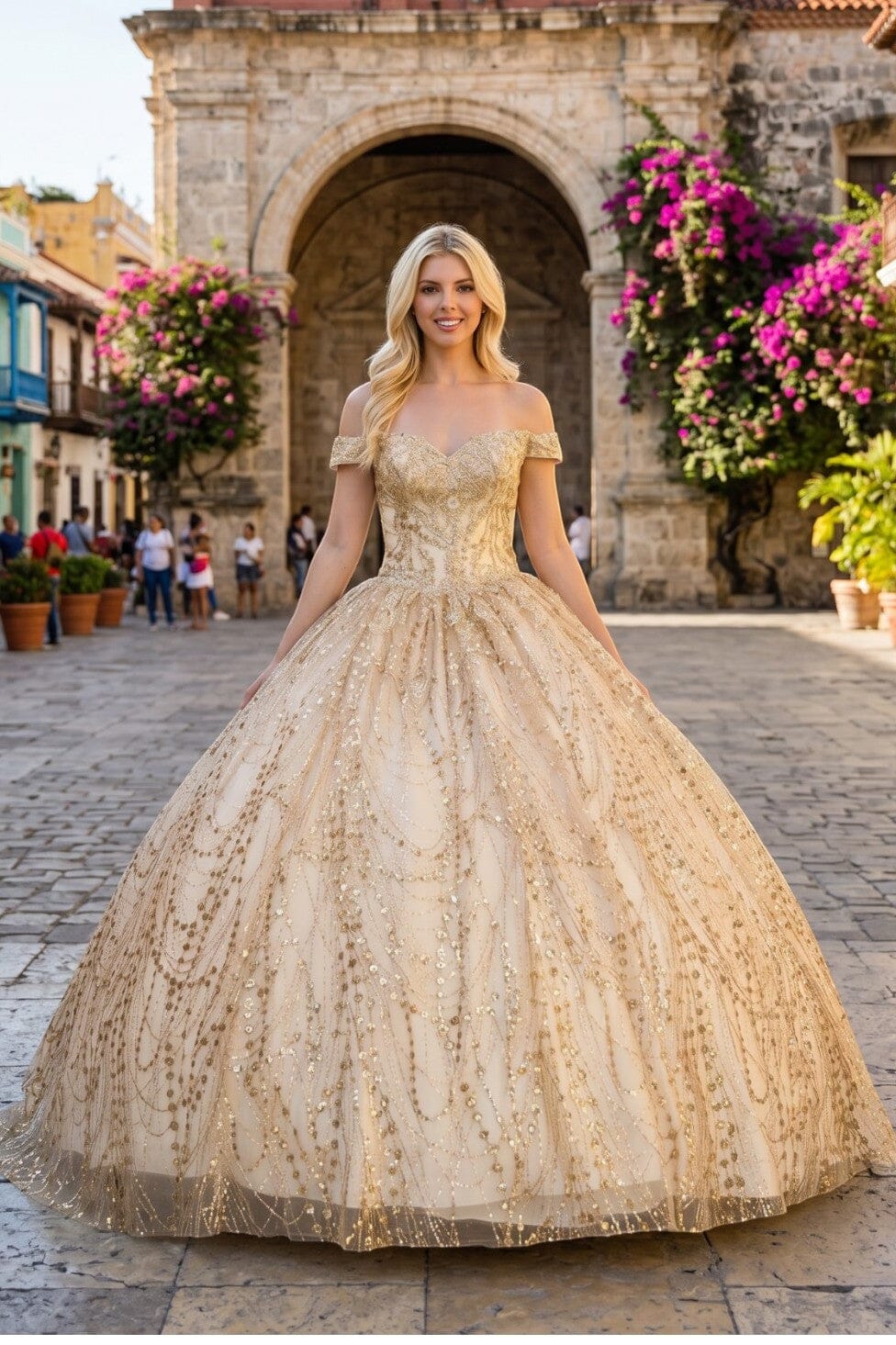 Glitter Off Shoulder Ball Gown by Cinderella Couture 8033J 2XL / Champagne