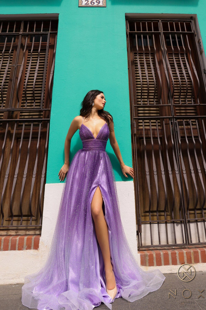 Glitter Ombre Sleeveless A-line Slit Gown by Nox Anabel C1251