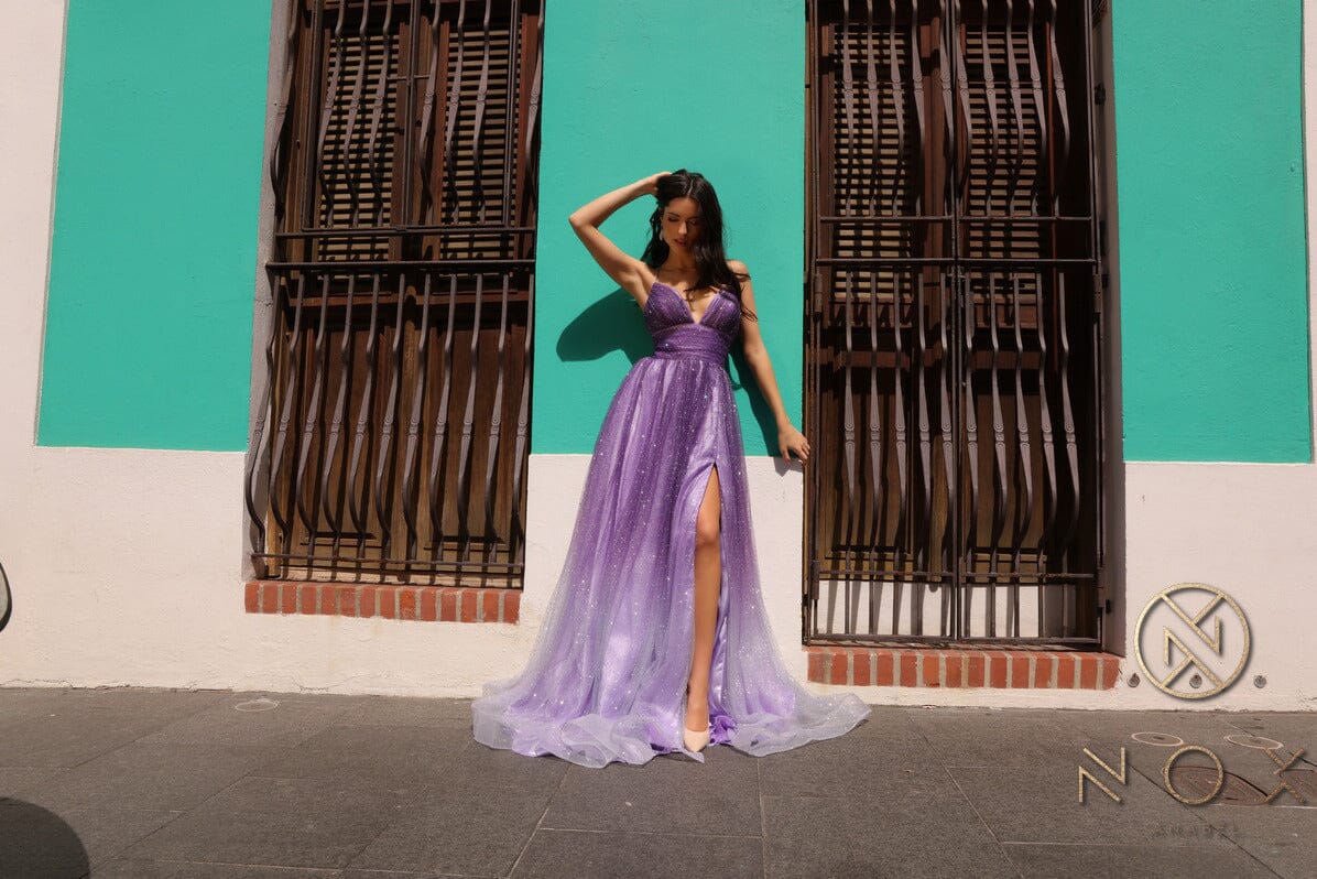 Glitter Ombre Sleeveless A-line Slit Gown by Nox Anabel