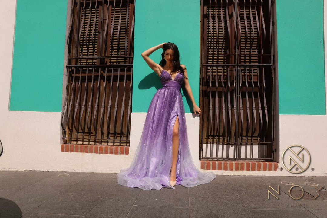 Glitter Ombre Sleeveless A-line Slit Gown by Nox Anabel C1251