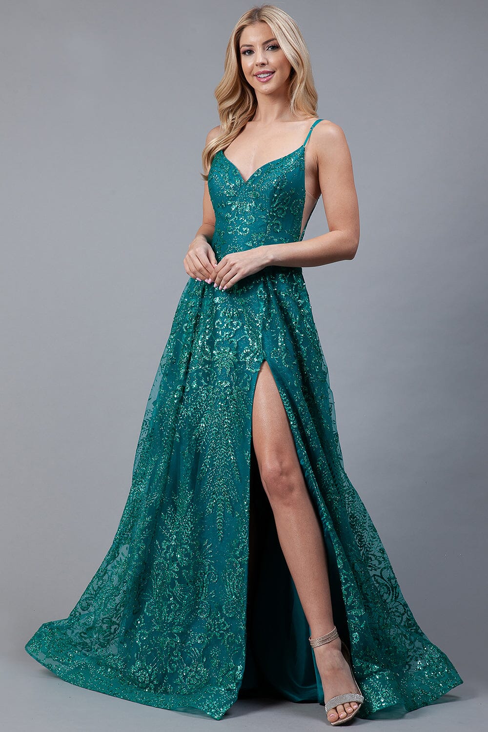 Glitter Print A-line Slit Gown by Amelia Couture EL010