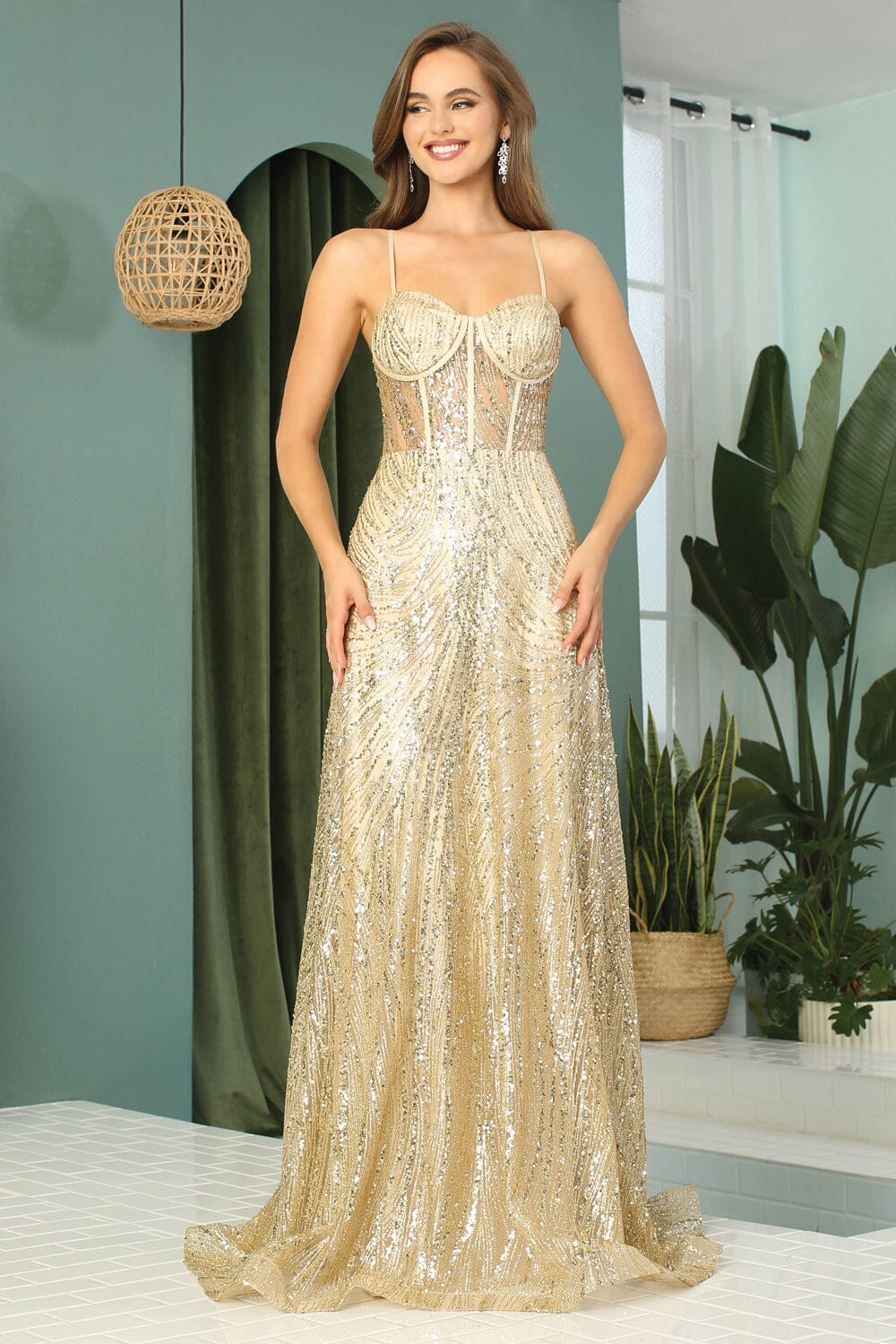 Glitter Print Bustier Corset A-line Gown by Adora 3167