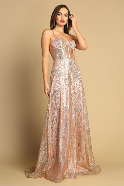 Glitter Print Bustier Corset A-line Gown by Adora 3167