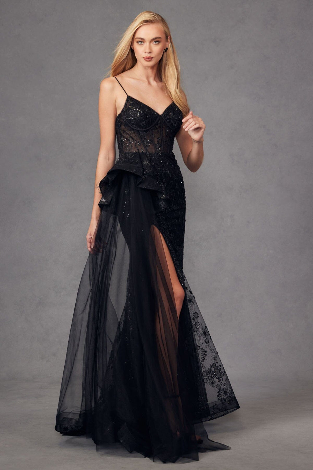 Glitter Print Fitted Sleeveless Tulle Slit Gown by Juliet JT2468K
