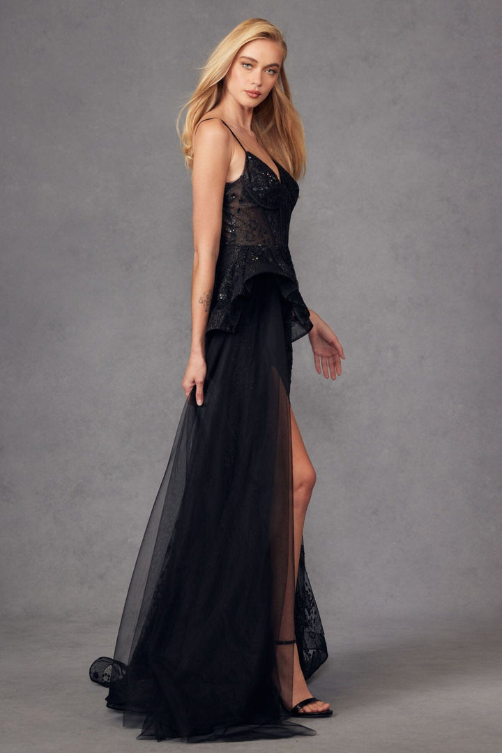 Glitter Print Fitted Sleeveless Tulle Slit Gown by Juliet JT2468K