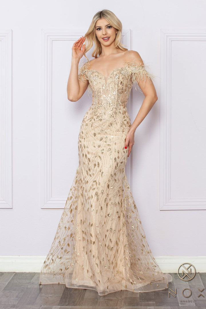 Glitter Print Off Shoulder Feather Gown by Nox Anabel L1255