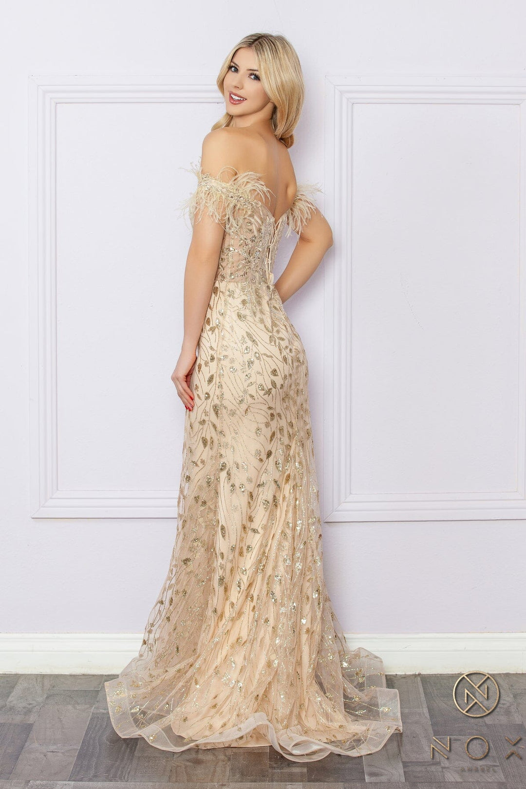 Glitter Print Off Shoulder Feather Gown by Nox Anabel L1255