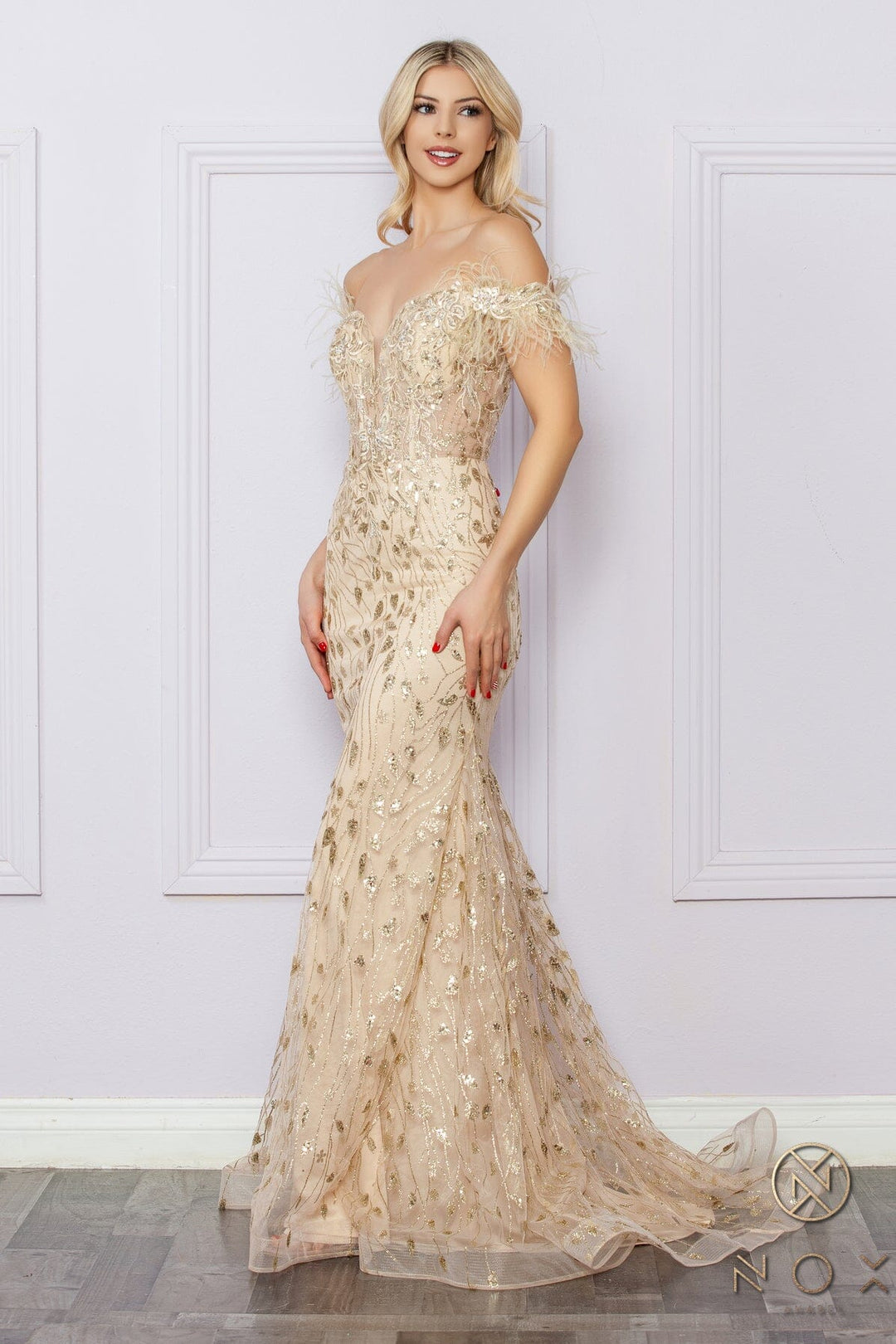 Glitter Print Off Shoulder Feather Gown by Nox Anabel L1255