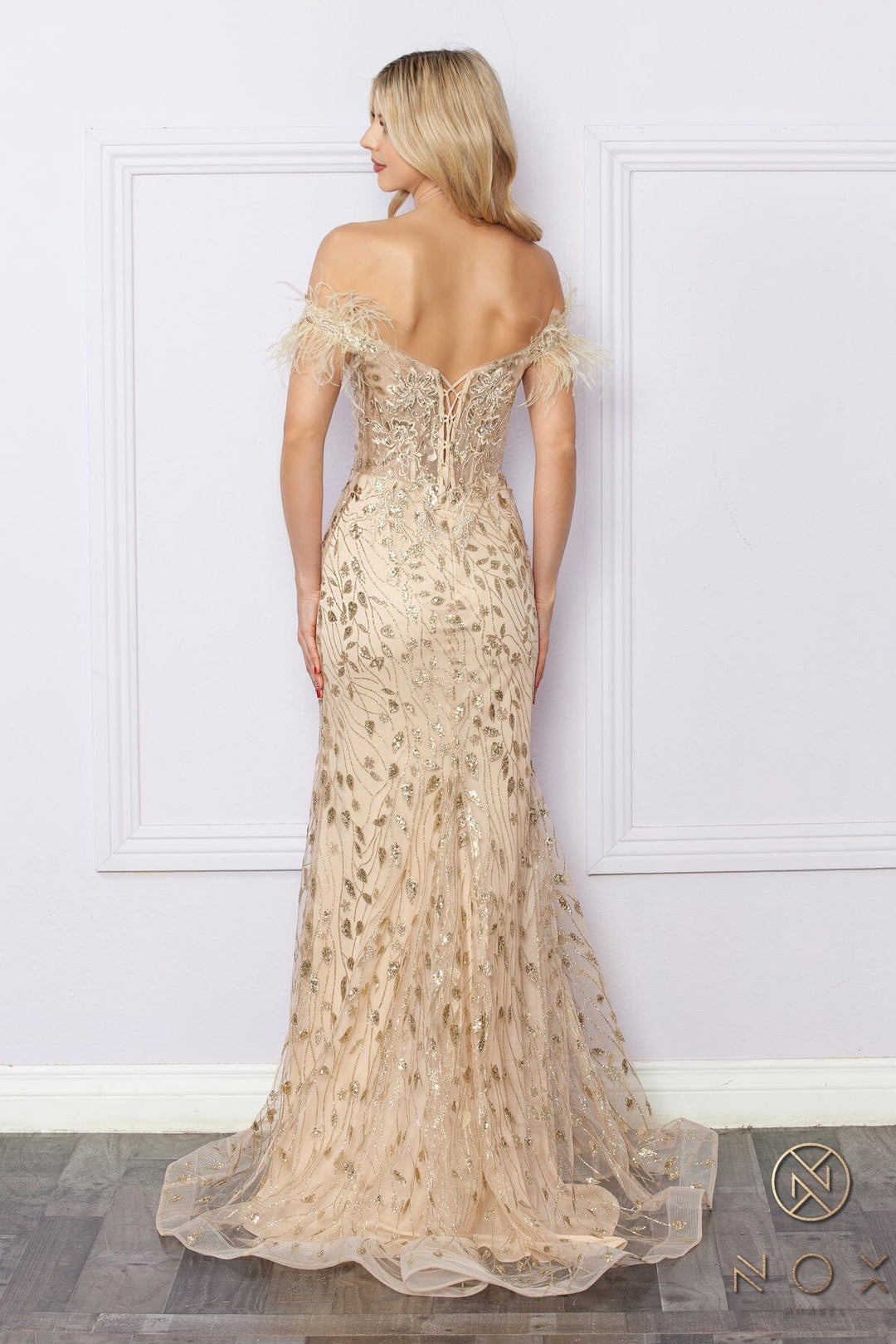 Glitter Print Off Shoulder Feather Gown by Nox Anabel L1255
