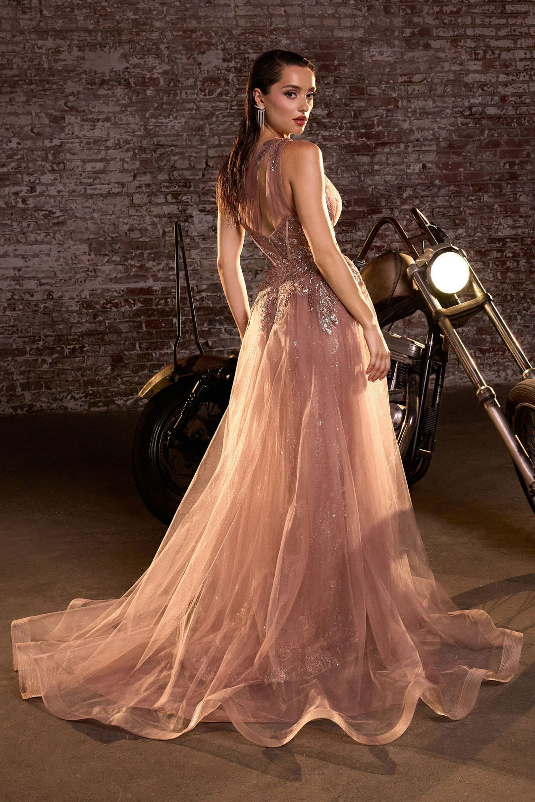 Glitter Print One Shoulder Corset Slit Gown by Ladivine J869