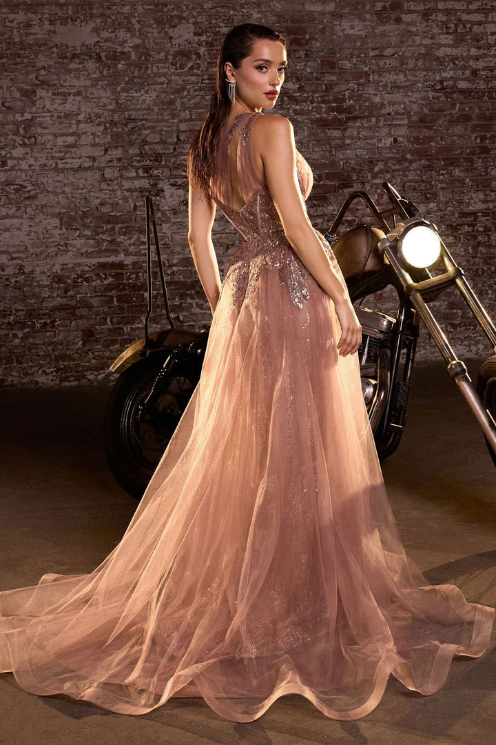 Glitter Print One Shoulder Corset Slit Gown by Ladivine J869 - Outlet