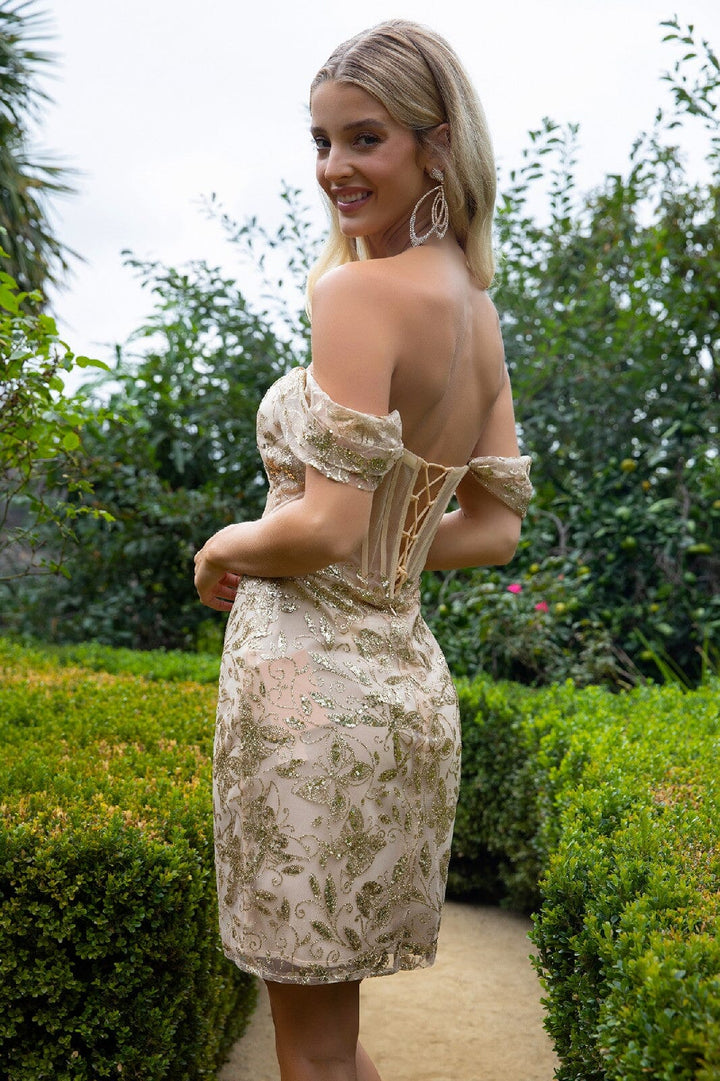 Glitter Print Short Off Shoulder Dress by Elizabeth K GS3510