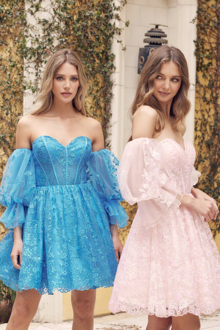 Glitter Print Short Puff Sleeve A-line Dress by Juliet 895