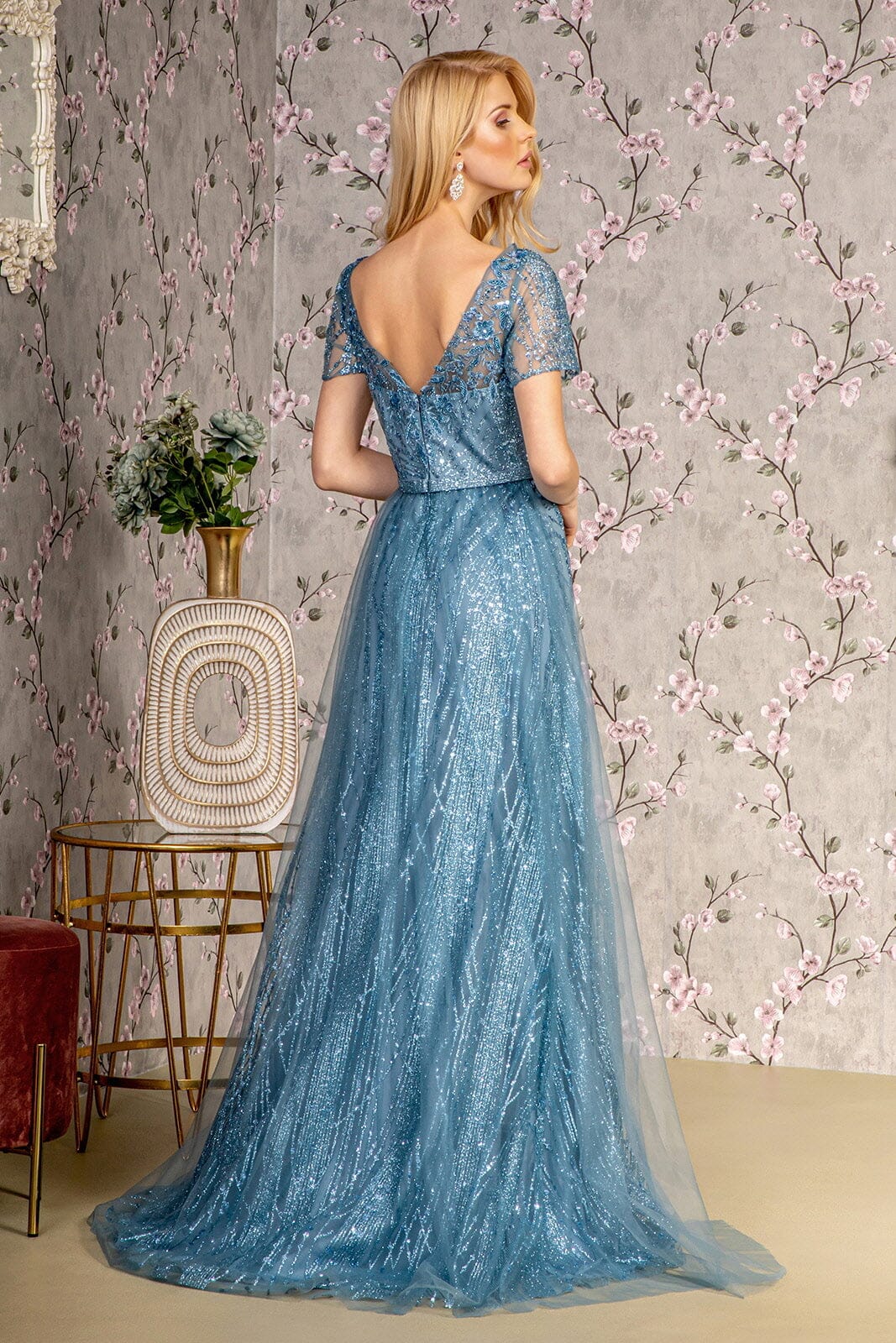 Glitter Print Short Sleeve A-line Gown by GLS Gloria GL3493