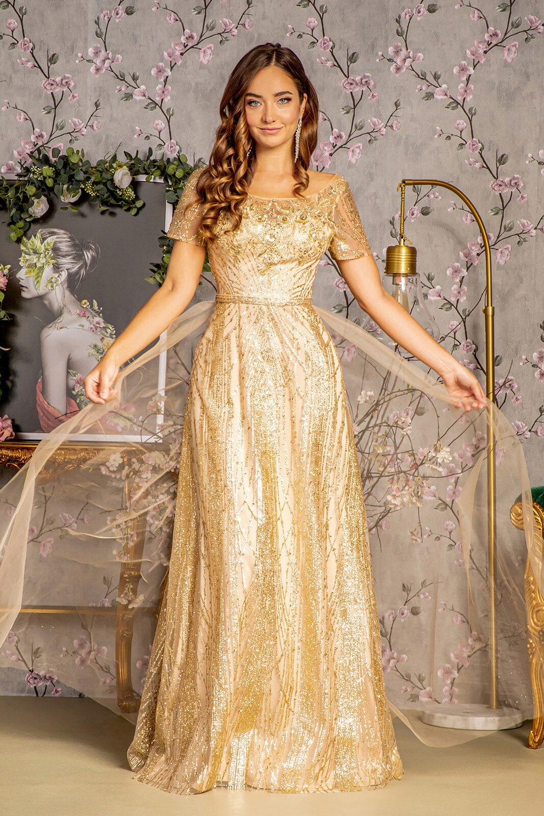 Glitter Print Short Sleeve A-line Gown by GLS Gloria GL3493 2XL / Gold Glitter Print Short Sleeve A-line Gown by GLS Gloria GL3493 2XL / Gold