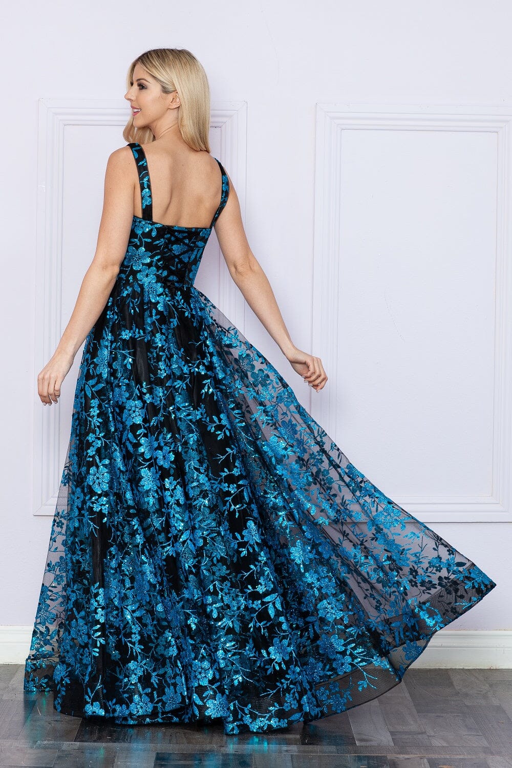 Poly USA 9298 Glitter Print Sleeveless A-Line Gown | FormalDressShops Black/Turquoise / S Poly USA 9298 Glitter Print Sleeveless A-Line Gown | FormalDressShops Black/Turquoise / S