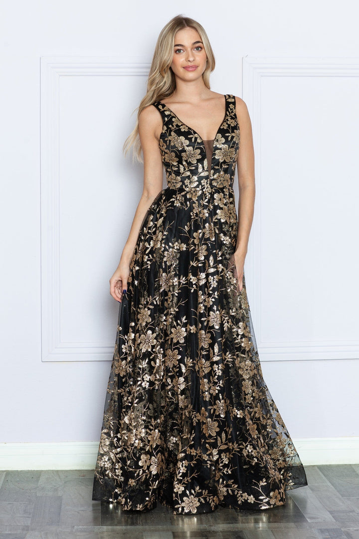 Glitter Print Sleeveless A-line Gown by Poly USA 9298