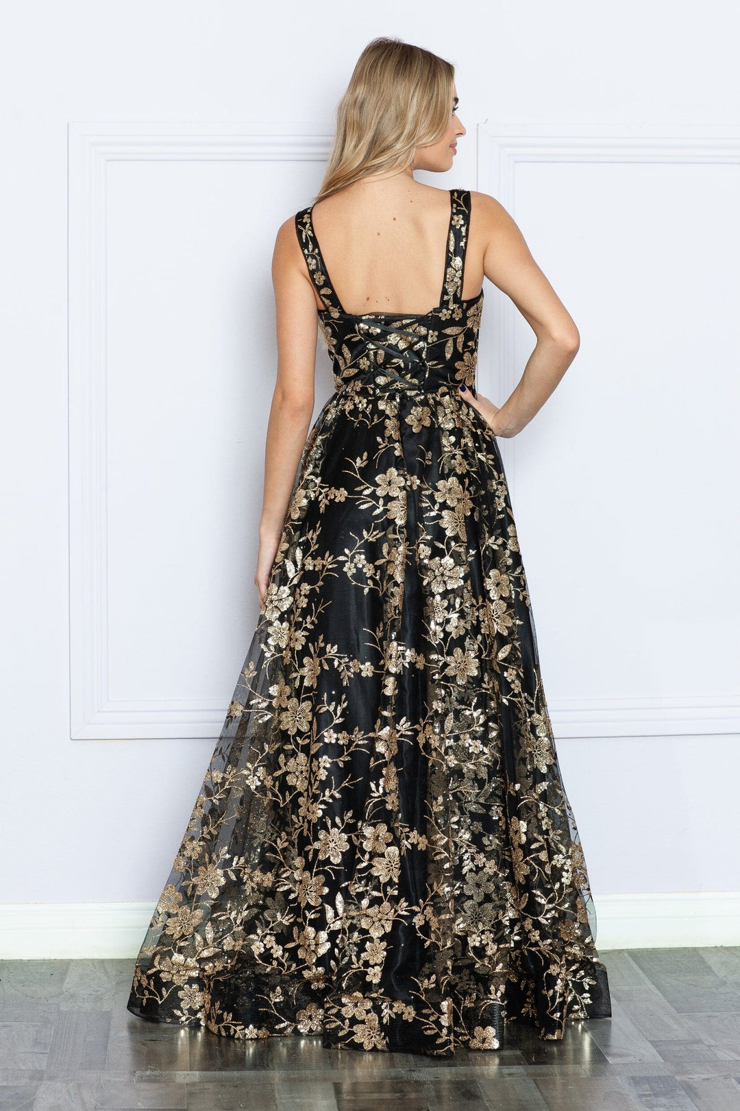 Glitter Print Sleeveless A-line Gown by Poly USA 9298