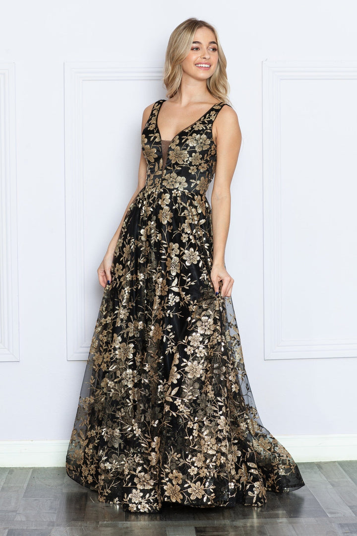 Glitter Print Sleeveless A-line Gown by Poly USA 9298