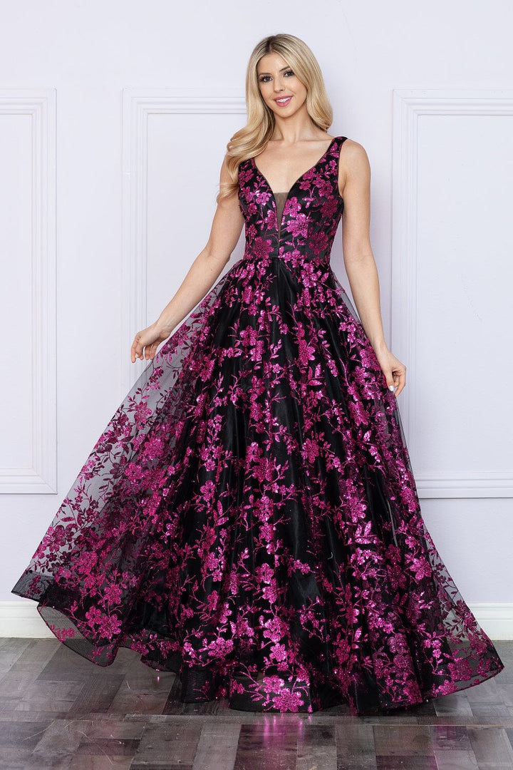 Glitter Print Sleeveless A-line Gown by Poly USA 9298