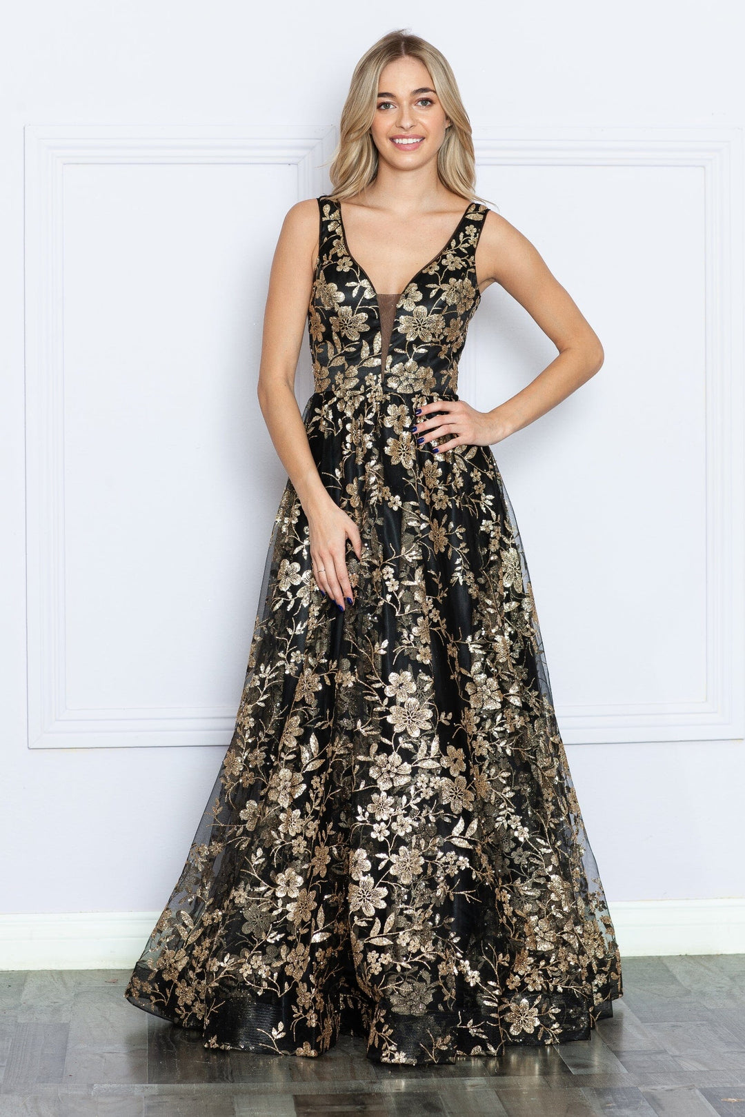 Glitter Print Sleeveless A-line Gown by Poly USA 9298