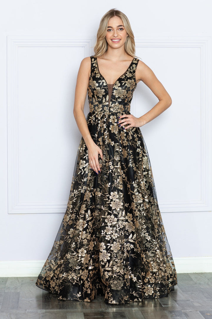 Glitter Print Sleeveless A-line Gown by Poly USA 9298