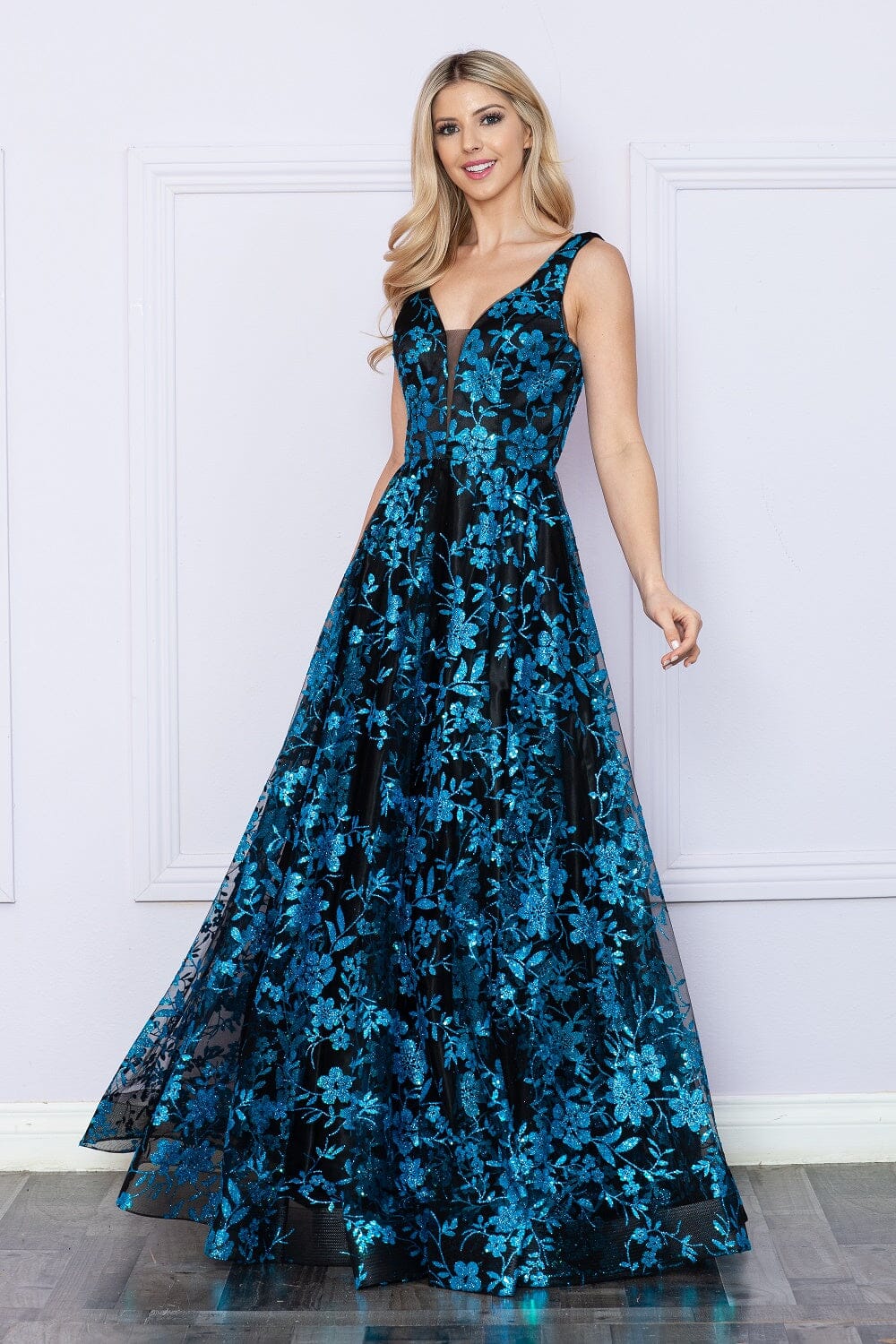 Glitter Print Sleeveless A-line Gown by Poly USA 9298 XS / Black/Turquoise