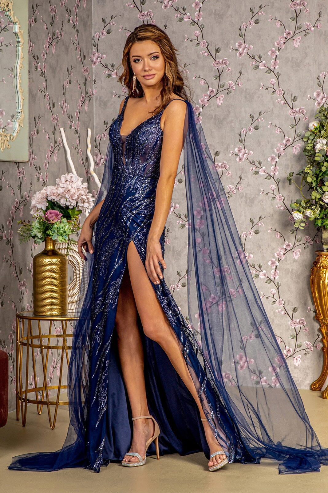 gloria formal glitter long dress Fitted Glitter Sleeveless Overskirt Gown by GLS Gloria GL3259 3XL / Champagne
