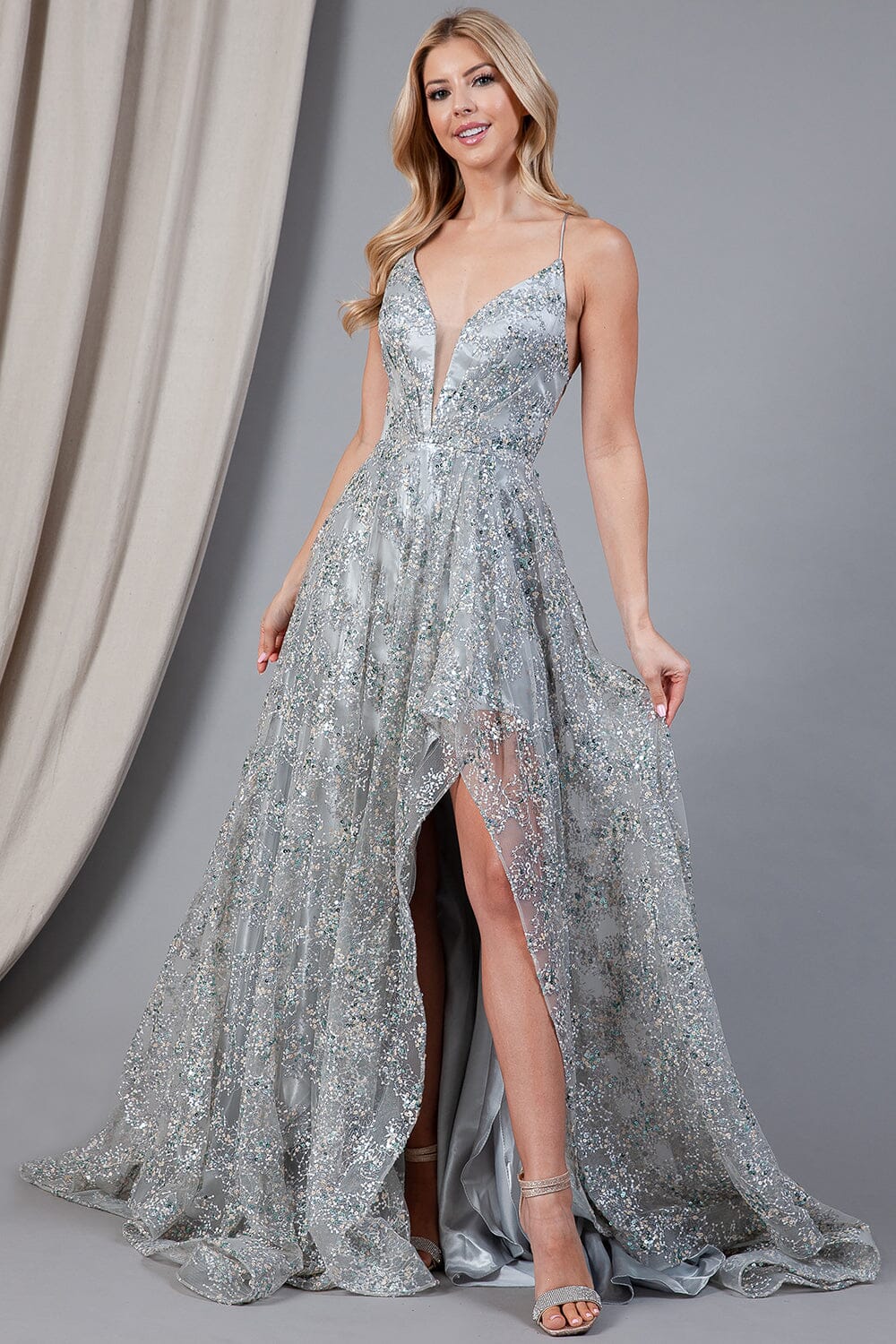 Glitter Print Sleeveless Slit Gown by Amelia Couture BZ017