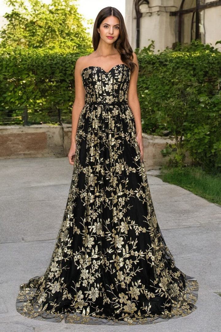 Glitter Print Sweetheart Gown by Cinderella Couture 8043J