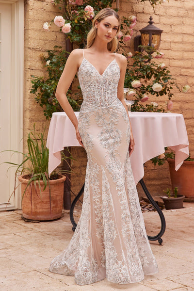 Glitter Print V-Neck Mermaid Bridal Gown by Ladivine J859W
