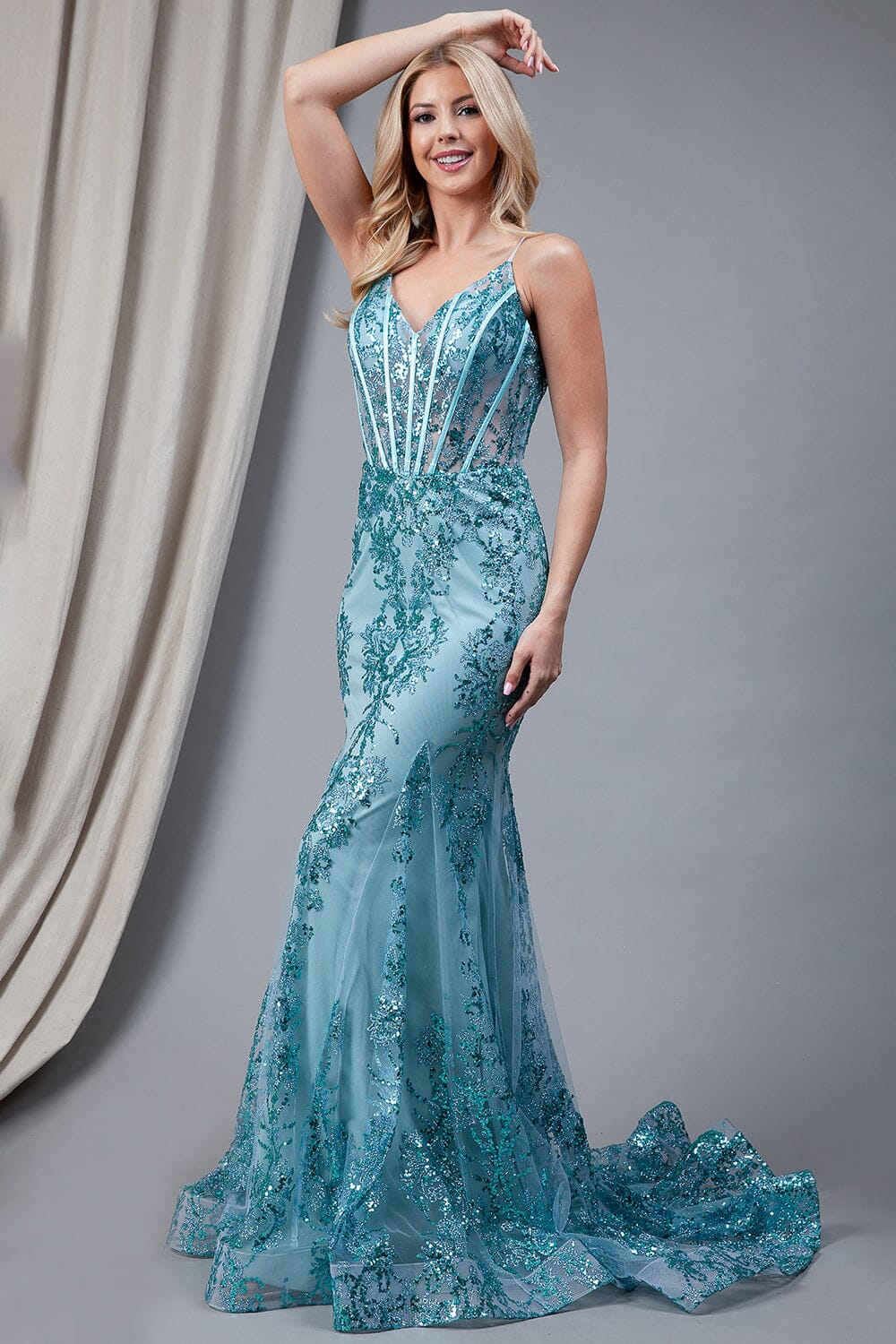 Glitter Print V-Neck Mermaid Gown by Amelia Couture BZ015