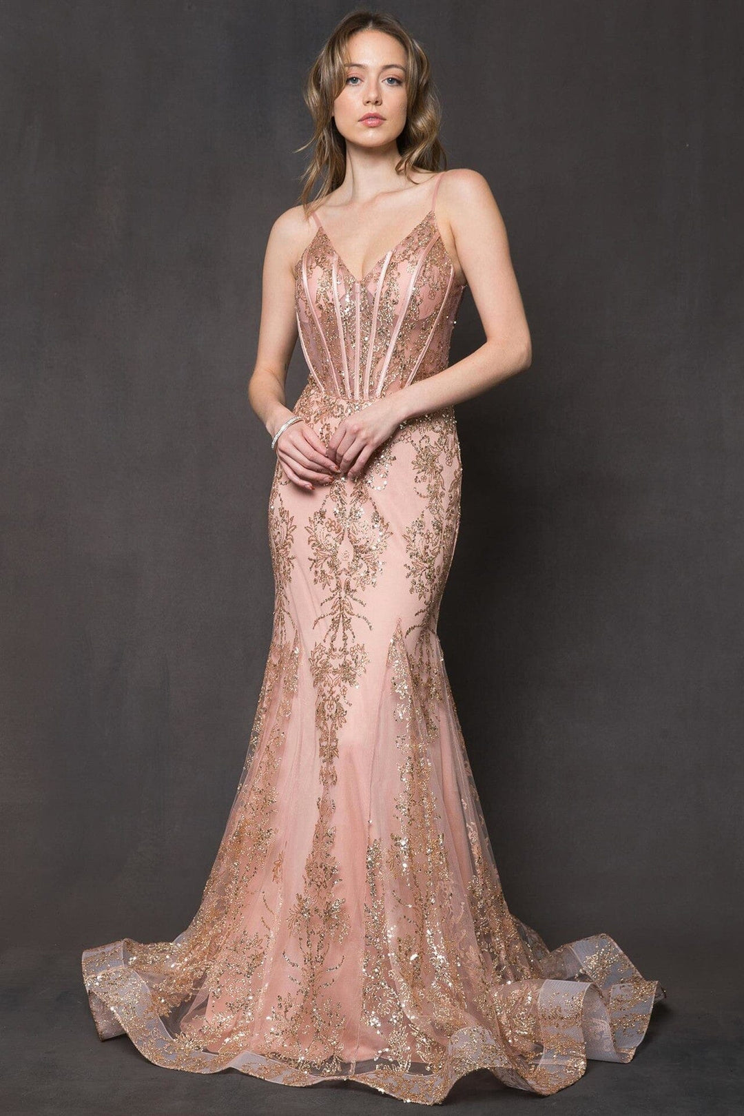 Glitter Print V-Neck Mermaid Gown by Amelia Couture BZ015