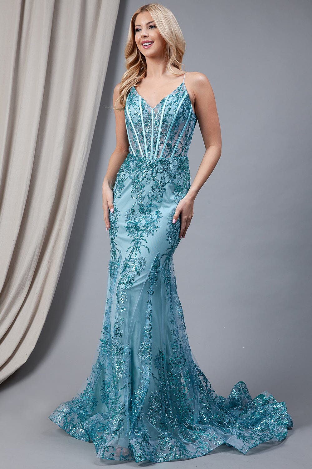 Glitter Print V-Neck Mermaid Gown by Amelia Couture BZ015