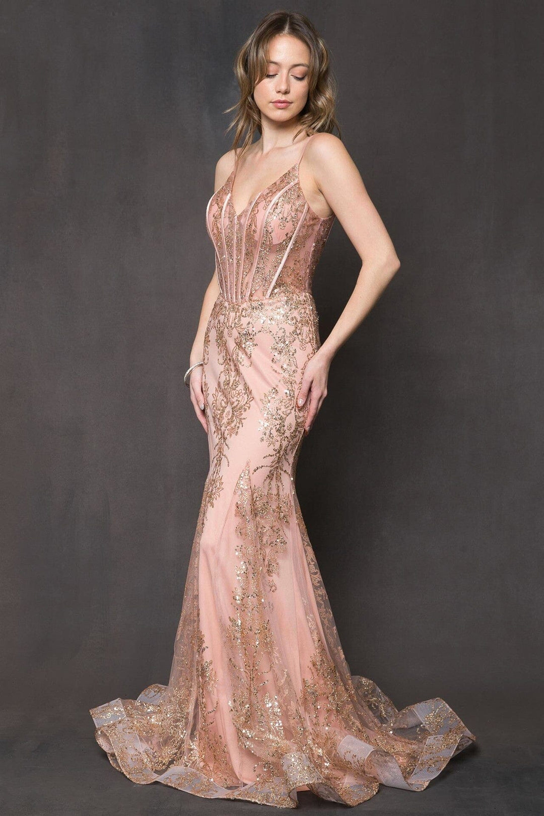 Glitter Print V-Neck Mermaid Gown by Amelia Couture BZ015