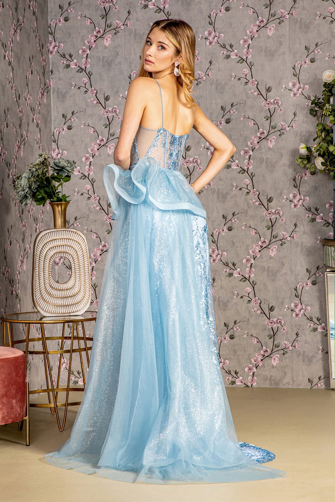 Glitter Sleeveless Overskirt Slit Gown by GLS Gloria GL3459 3XL / Smoky Blue Glitter Sleeveless Overskirt Slit Gown by GLS Gloria GL3459 3XL / Smoky Blue