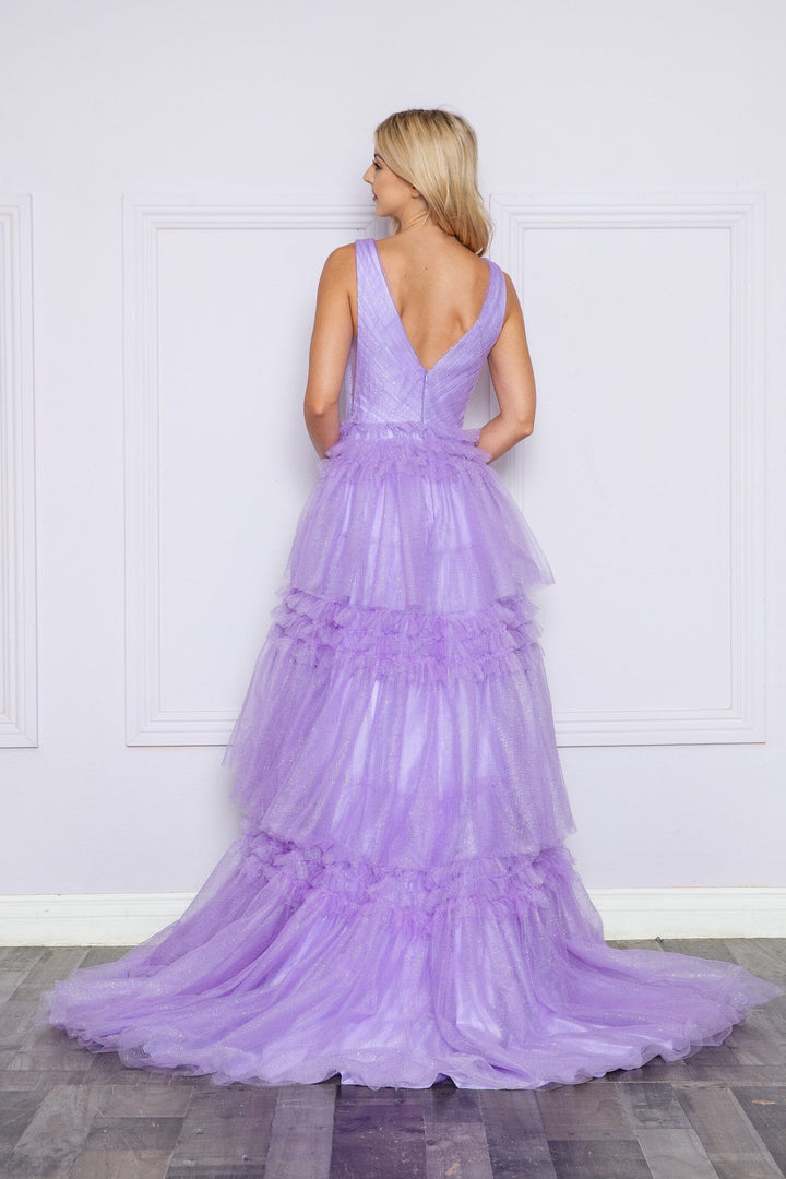 Glitter Sleeveless Ruffled Slit Gown by Poly USA 9406