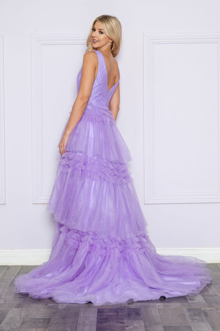 Glitter Sleeveless Ruffled Slit Gown by Poly USA 9406