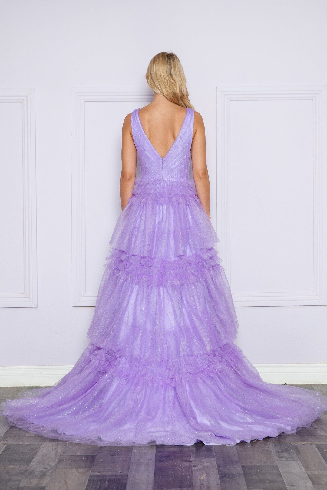Glitter Sleeveless Ruffled Slit Gown by Poly USA 9406
