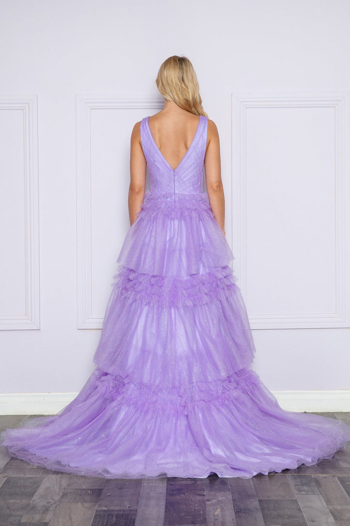 Glitter Sleeveless Ruffled Slit Gown by Poly USA 9406
