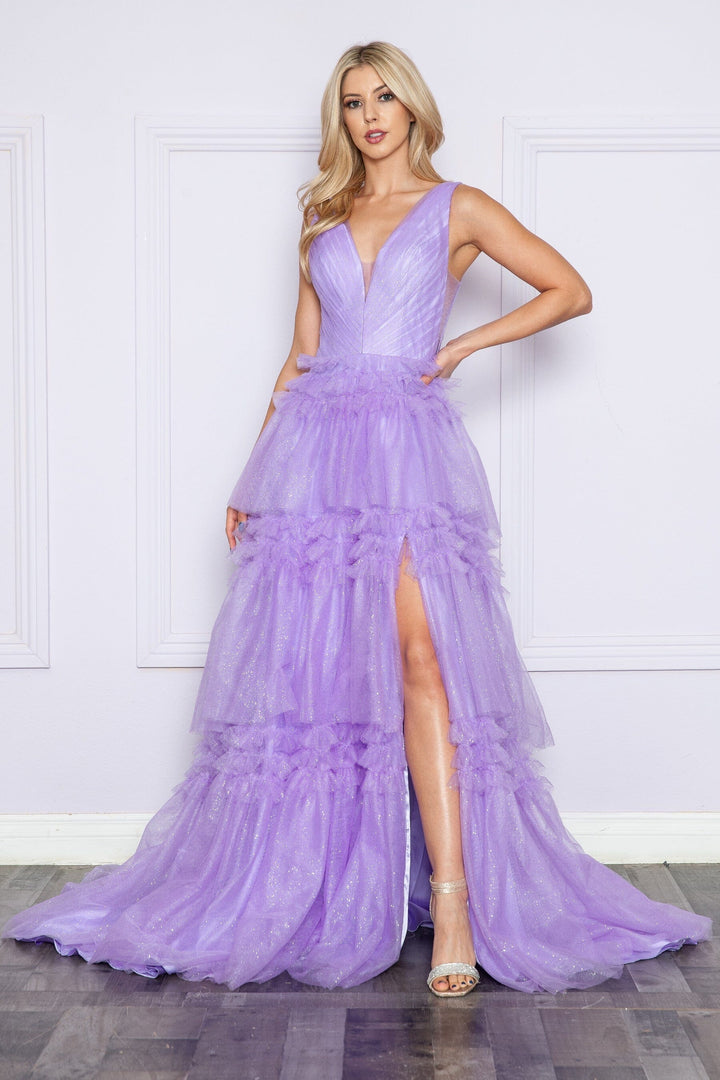 Glitter Sleeveless Ruffled Slit Gown by Poly USA 9406