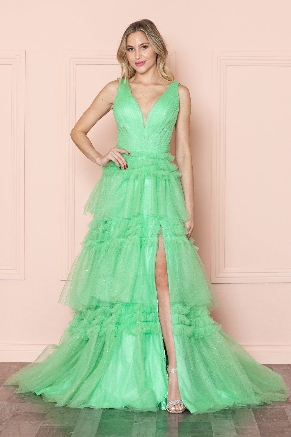 Glitter Sleeveless Ruffled Slit Gown by Poly USA 9406