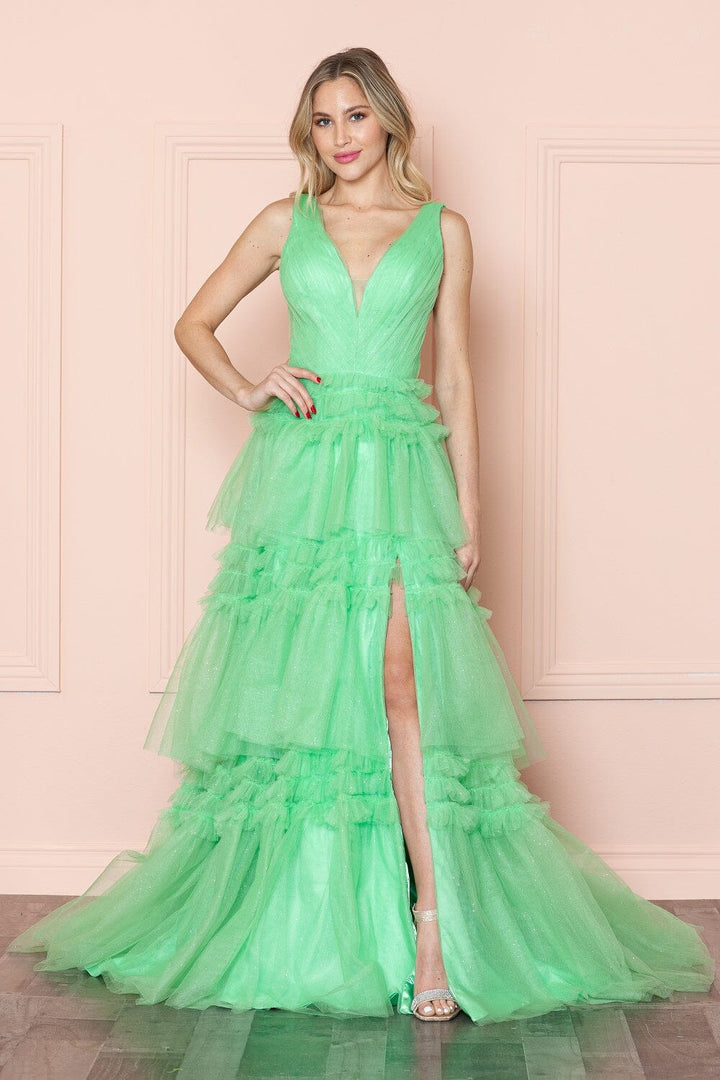Glitter Sleeveless Ruffled Slit Gown by Poly USA 9406
