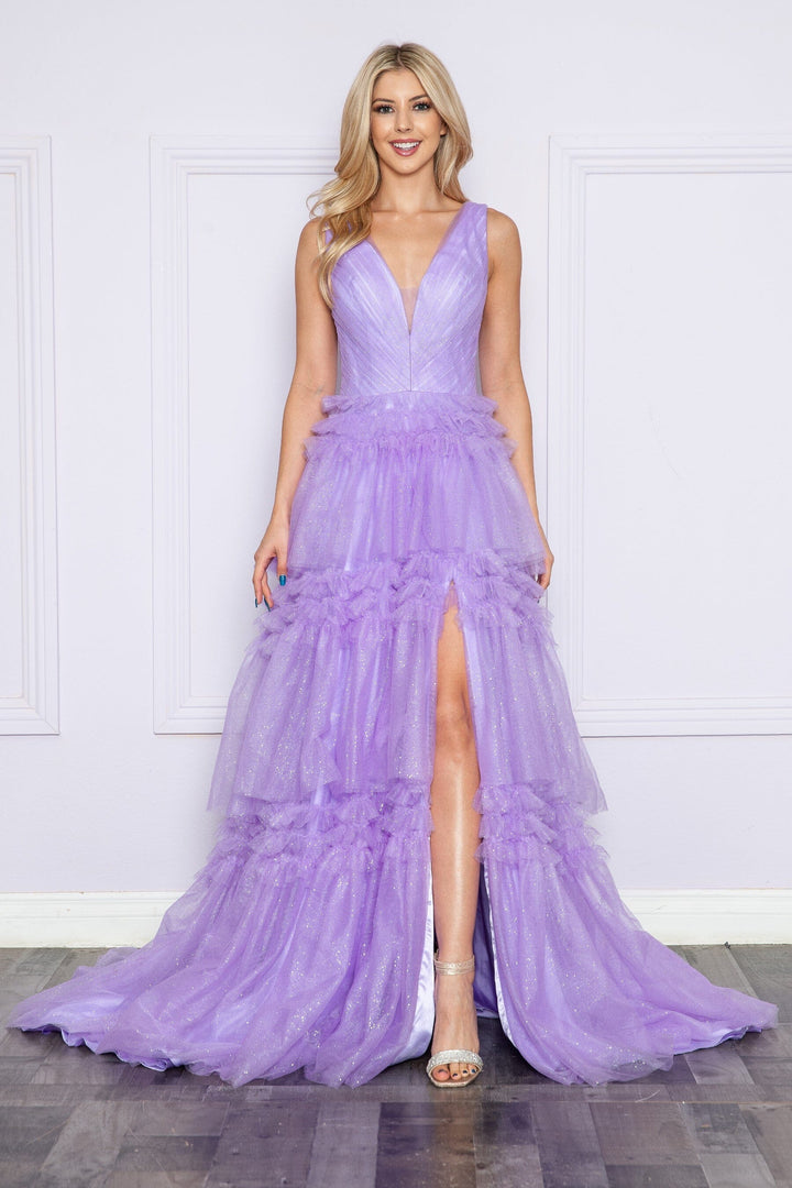 Glitter Sleeveless Ruffled Slit Gown by Poly USA 9406