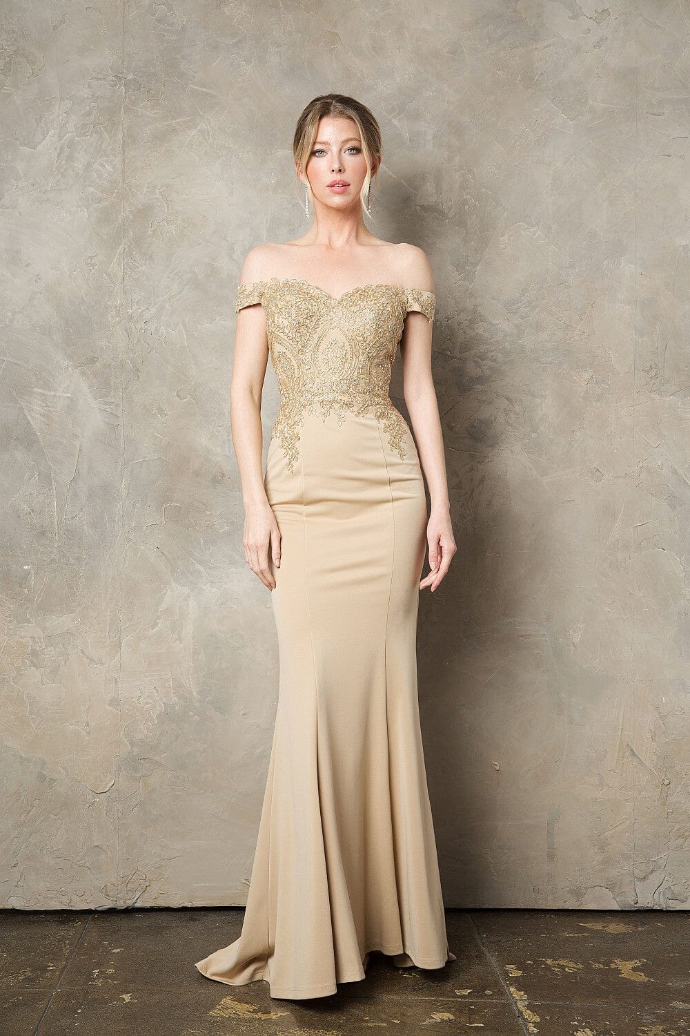 Gold Applique Off Shoulder Mermaid Dress by Juno 0932 - Outlet