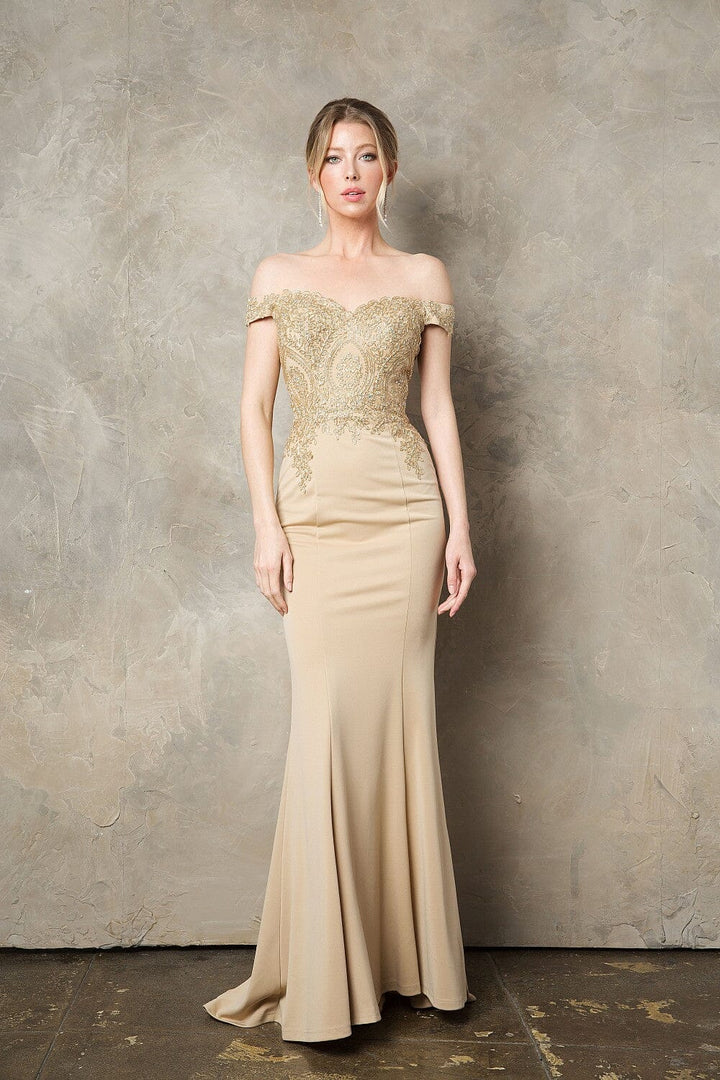 Gold Applique Off Shoulder Mermaid Dress by Juno 0932 - Outlet