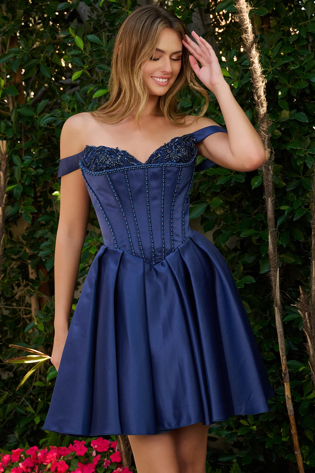 Satin Short Off Shoulder Dress by Elizabeth K GS3855