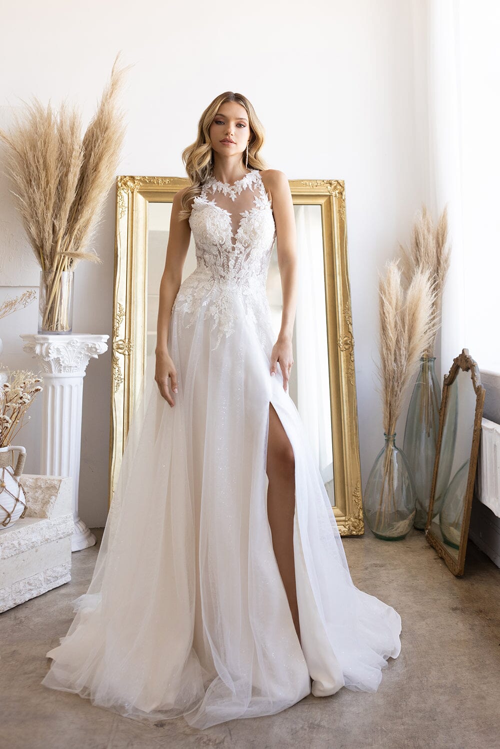 Halter A-line Slit Bridal Gown by Abby Lane 97205 12 / Ivory/Champagne Halter A-line Slit Bridal Gown by Abby Lane 97205 12 / Ivory/Champagne